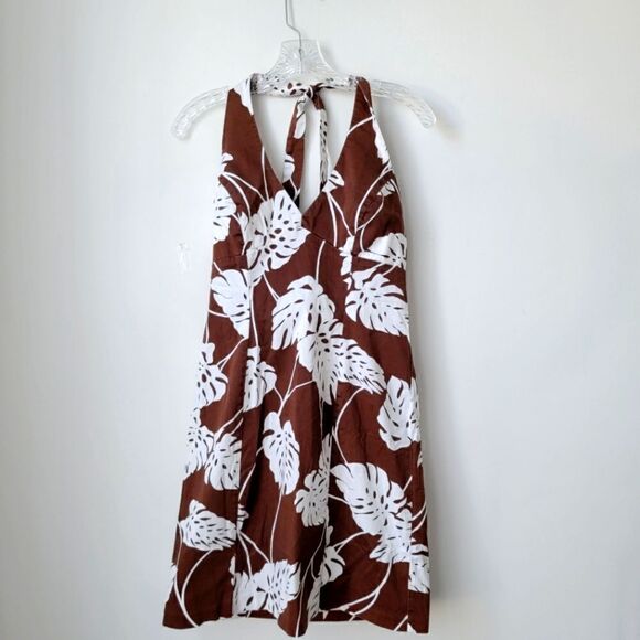 AGB Vintage Brown and White Palm Frond Printed Halter Dress Size 6 - Picture 1 of 6